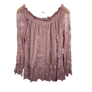 Paradiso Boho Romantic Floral Embroidered Mesh Off Shoulder Top L Dusty Rose